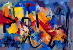 Dynamic abstract painting featuring vivid brush strokes and contrasting colors.